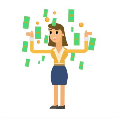 Takım elbiseli iş kadını ve birçok para vektörü.