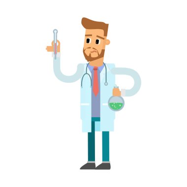 Steteskopu ve şırıngası olan genç erkek doktor.