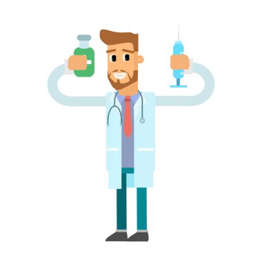 İlaç şişesi ve ilaç vektör çizimi tasarımı olan bir doktor.