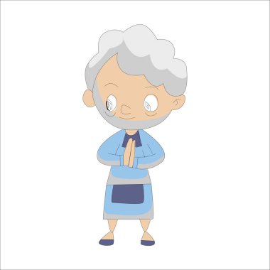 çizgi film yaşlı kadın ayakta duruyor ve el sallıyor.