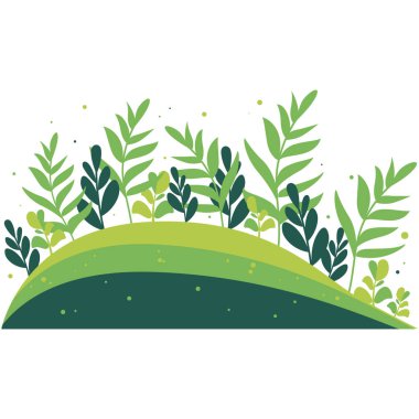 Yeşil tepede büyüyen 2D yapraklar, doğa sahneleri, eko sanatı, arka plan dekorasyonu ve yaratıcı çevre tasarımları için uygundur..