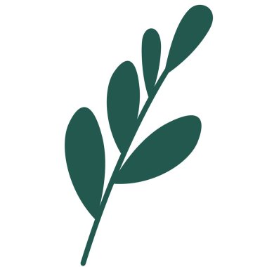 İnce dallar üzerinde oval yeşil yaprakların 2d minimal çizimi, tazeliği, doğal büyümeyi ve temiz tasarım dengesini sembolize eder.