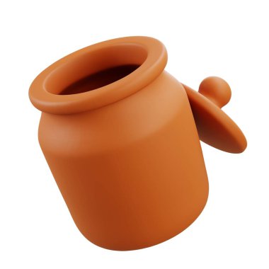 Açık kapaklı 3 boyutlu kil kavanoz, pürüzsüz doku, el yapımı çömlek tasarımı, ev dekorasyonu, mutfak koleksiyonu ve kültürel sergi için mükemmel..  