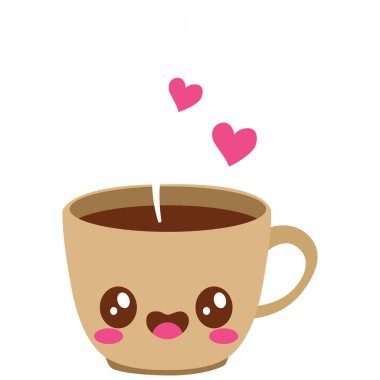 2D Cute kawaii coffee cup with pink hearts and warm steam, perfect for romantic art, cafe branding, or cozy digital illustrations.