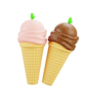 3d double ice cream cones with chocolate and strawberry flavors. Sweet dessert for cafe menus, summer themes, and food art visuals.