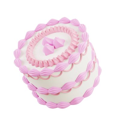 3 boyutlu yuvarlak pasta, pembe kremalı ve kıvrımlı süslemeli. Parti görselleri, tatlı promosyonları ve pasta dükkanı vitrinleri için mükemmel..