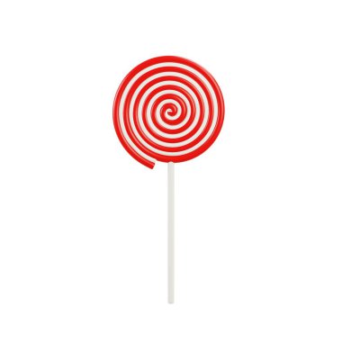 3d red swirl lollipop on stick. Bright and sweet candy perfect for childrens projects, dessert advertising, and playful confectionery designs.
