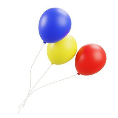 3D shiny red, yellow, and blue balloons floating together, ideal for birthday parties, events, and joyful festive decoration themes.