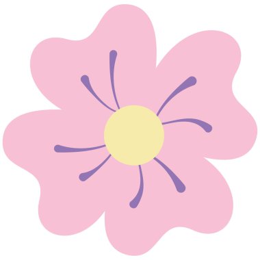 Sarı merkezli 2D pembe çiçek ve mor detaylar, çiçek süslemeleri, şirin el sanatları ve pastel tasarım elementleri için mükemmel..