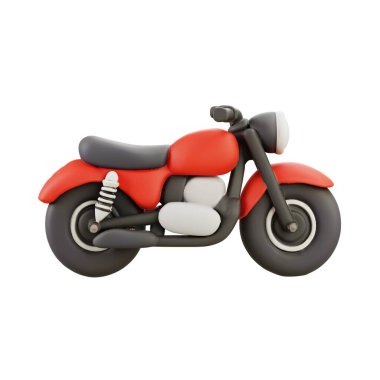 Siyah tekerli 3 boyutlu kırmızı motosiklet. Seyahat görselleri, ulaşım simgeleri ya da çocuk eğitim temaları için mükemmel.