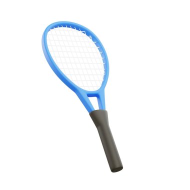 Mavi saplı ve beyaz ağlı 3D gerçekçi tenis raketi, spor illüstrasyonu, maç ve eğitim etkinliği görselleri için uygundur.