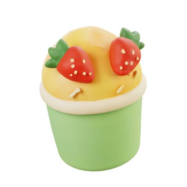 İkiz çilekli ve kremalı üç boyutlu kek, fırın markalaşması, tatlı konsepti ya da tatlı sanat eseri için mükemmel..