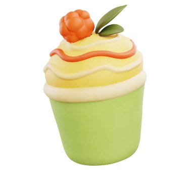 Turuncu kremalı ve meyveli üç boyutlu yeşil kek. Pastane sanatı, tatlı logosu ya da şirin tatlı görseller için ideal..