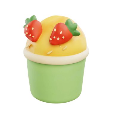 Çilek soslu 3 boyutlu sarı kek, fırın ikonları, tatlı sanatı veya tatlı dijital dekorasyon projeleri için harika..