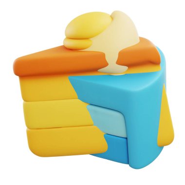 Mavi katlı 3 boyutlu turuncu pasta dilimi, tatlı menüleri, pastane temaları ya da tatlı yiyeceklerle ilgili 3D projeler için harika..