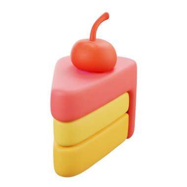 3 boyutlu küçük pasta dilimi pembe kremalı ve kırmızı kiraz soslu, fırın ikonları, tatlı markaları ya da şirin dekorasyonlar için harika..