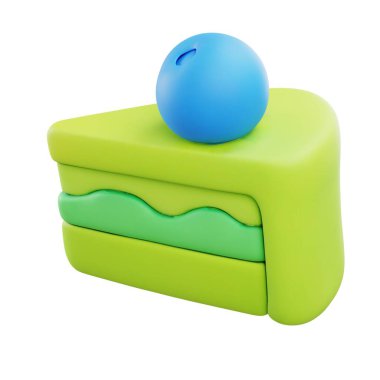 Yumuşak mavi kaplamalı ve kremalı 3 boyutlu yeşil pasta dilimi, tatlı sanatları veya pasta paketleme kavramları için ideal..