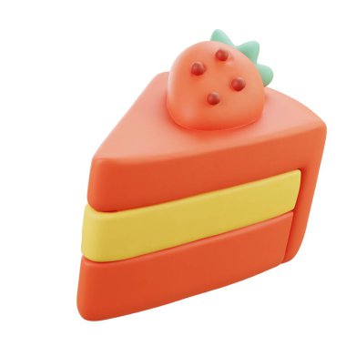 3 boyutlu küçük kırmızı pasta dilimi, sarı katlı ve çilekli, tatlı markalaşması ya da şirin yemek çizimi için mükemmel..