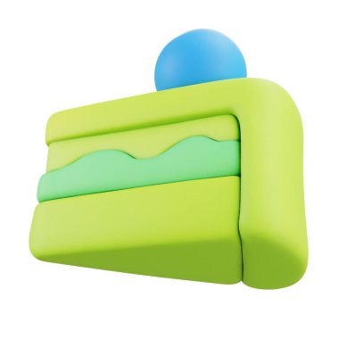 3 boyutlu yumuşak yeşil pasta dilimi, mavi kaplamalı, tatlı sanatı için uygun, fırın logosu, veya renkli tatlı 3D dijital kullanım.