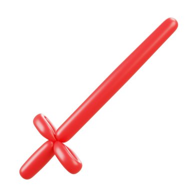 Parlak kırmızı renkli 3D balon kılıç, yumuşak uzun bıçak, oyuncu sahne malzemesi tarzı, bükülmüş kol detayı, ve neşeli parti dostu dekoratif görünüş.