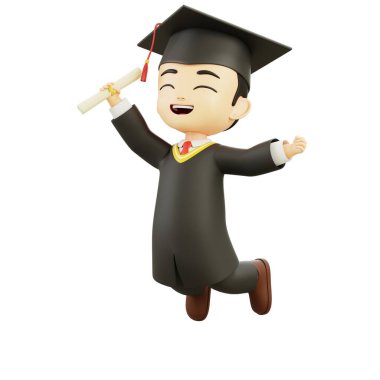 3D mezuniyet çocuğu diploması, akademik kıyafeti, heyecanlı ruh hali, mezuniyet başarı temaları ve eğitim kutlaması tasarımları için ideal