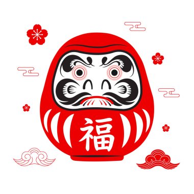 Fuku İyi Şans Karakteri ile Kırmızı Japon Daruma Bebek Vektörü