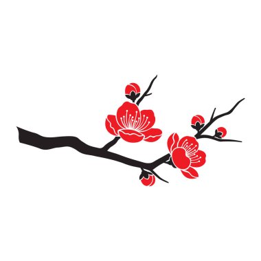 Kırmızı ve Siyah Sakura Kiraz Çiçeği Şube Vektör Minimalist Tasarımı