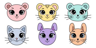 Kawaii Hayvan Yüzleri Vektör Seti Pastel Renkler Çocuklar için Tasarım Şirin Kedi Tavşanı ve Ayı