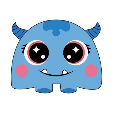 Şirin Mavi Boynuzlu Canavar Karakteri Minik Dişleri ve Büyük Parıltılı Gözler Çizimi
