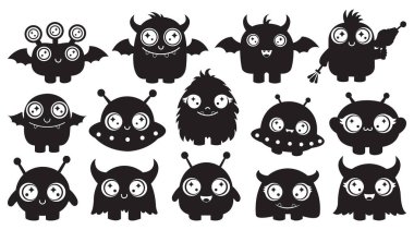 14 Şirin Uzaylı Canavarı ve UFO Uzay Gemileri Siluet Paket Vektör Çocuk Etkinliği Simgeleri Ayarla