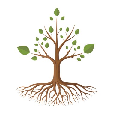 Derin Kökler ve Yeşil Yapraklı Detaylı Vektör Ağacı: Sağlıklı Büyüme ve Temel Konsepti