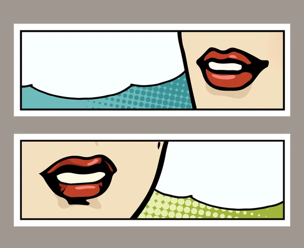 Bannières pop art avec lèvres féminines — Image vectorielle