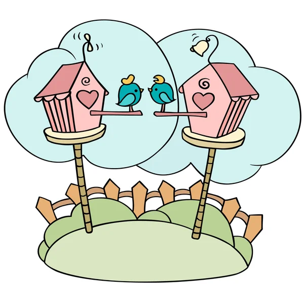 Милі мультяшні птахи в пташиних будинках — стоковий вектор