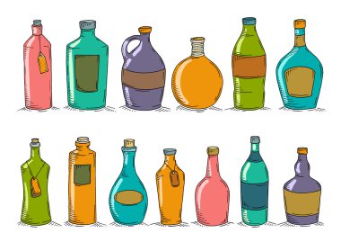 Karikatür doodle şişe seti. 