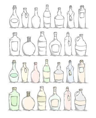 Karikatür doodle şişe seti. 