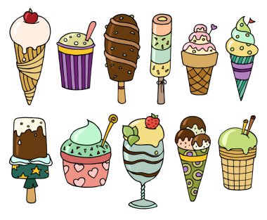 renkli lezzetli karikatür dondurma seti