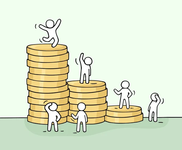 Working little people with stack of coins. — Stock Vector