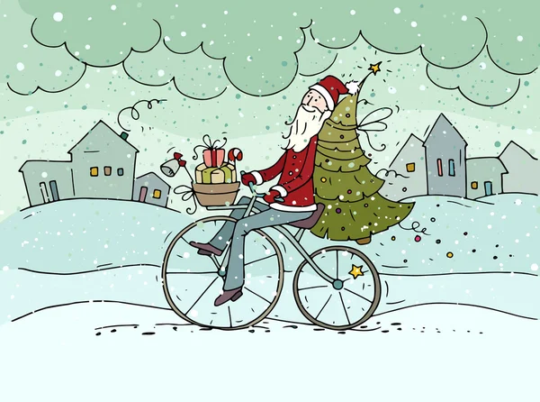 Święty Mikołaj na rowerze dostarczanie prezentów — Wektor stockowy