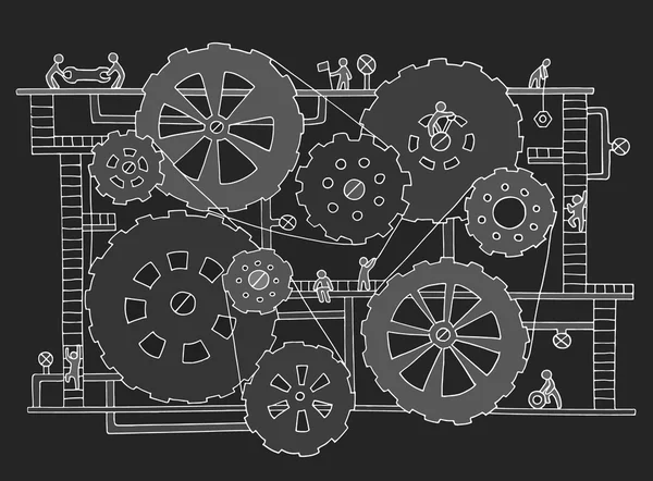 Schizzo di persone lavoro di squadra, ingranaggi — Vettoriale Stock
