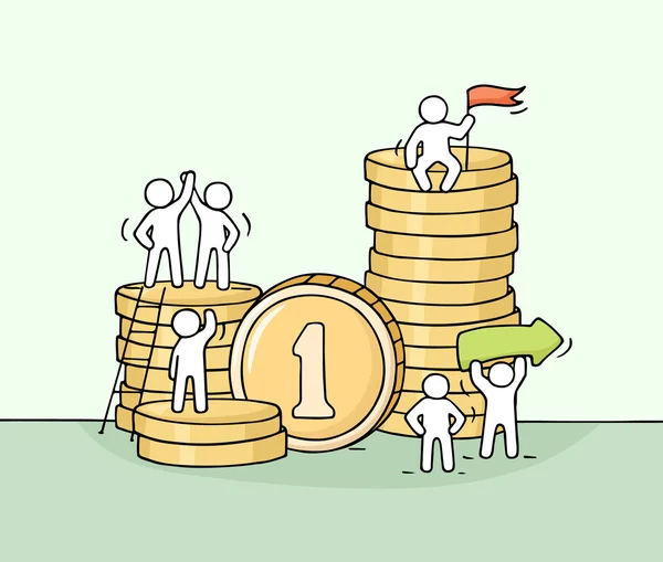 Little people with stack of coins. — Stock Vector