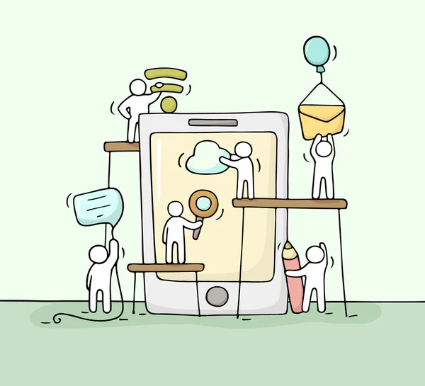 working little people with smartphone. 