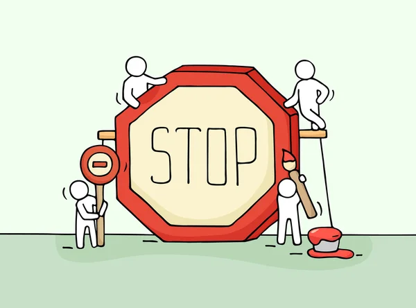 Gente pequeña con señal de stop . — Vector de stock