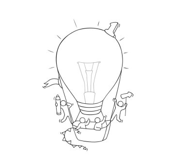 Uçan lamba fikriyle çalışan küçük insanların çizimi. Yaratıcı işçilerin minyatür karalama sahnesi. İş tasarımı ve bilgi grafiği için el çizimi karikatür vektör çizimi.