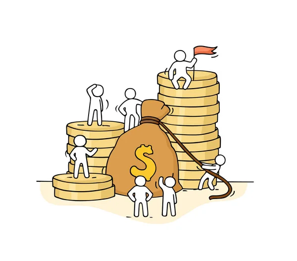 Çalışan küçük insanlarla dolu para çantası taslağı. Bozuk para yığını ve büyük kârdan oluşan şirin minyatür karalama. İş ve finans tasarımı için el çizimi karikatür vektör çizimi.
