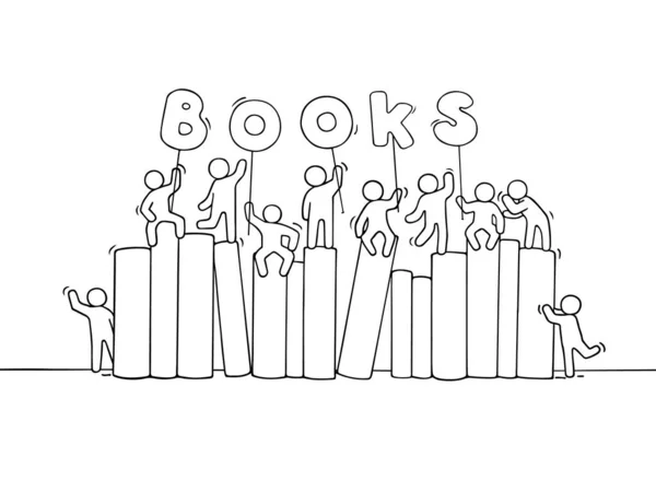 Bosquejo Gente Pequeña Trabajando Con Libros Doodle Linda Escena Miniatura — Vector de stock