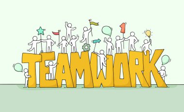 Büyük kelimelerle çalışan küçük insanların çizimi. Takım çalışması. İşçilerin şirin minyatür karalama sahnesi. İş tasarımı ve bilgi grafiği için el çizimi karikatür vektör çizimi.