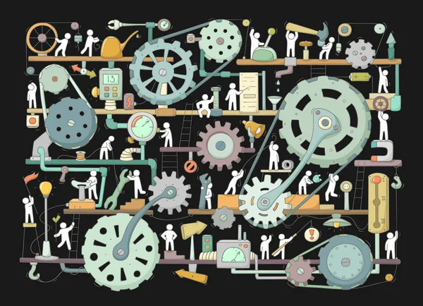 Skizze Von Menschen Teamwork Getriebe Produktion Doodle Cartoon Mechanismus Mit — Stockvektor