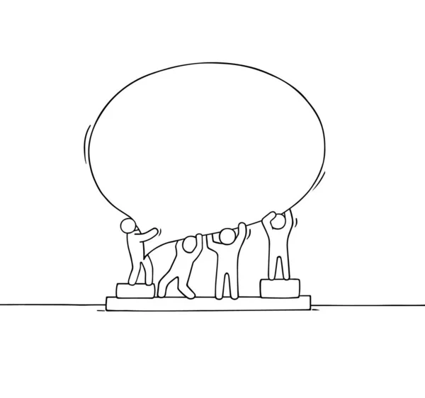 Dav Pracujících Malých Lidí Řečovou Bublinou Doodle Roztomilá Miniaturní Scéna — Stockový vektor