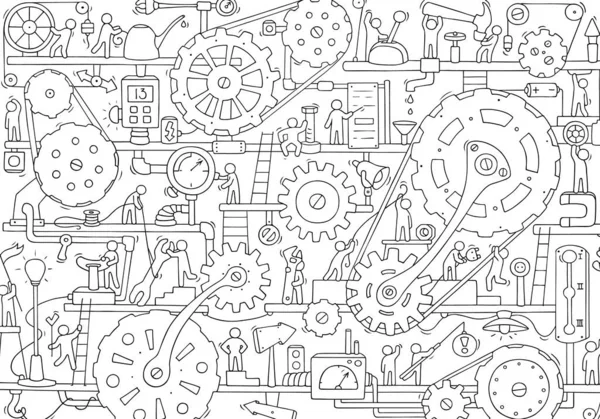 Skizze Von Menschen Teamwork Getriebe Produktion Doodle Cartoon Mechanismus Mit — Stockvektor