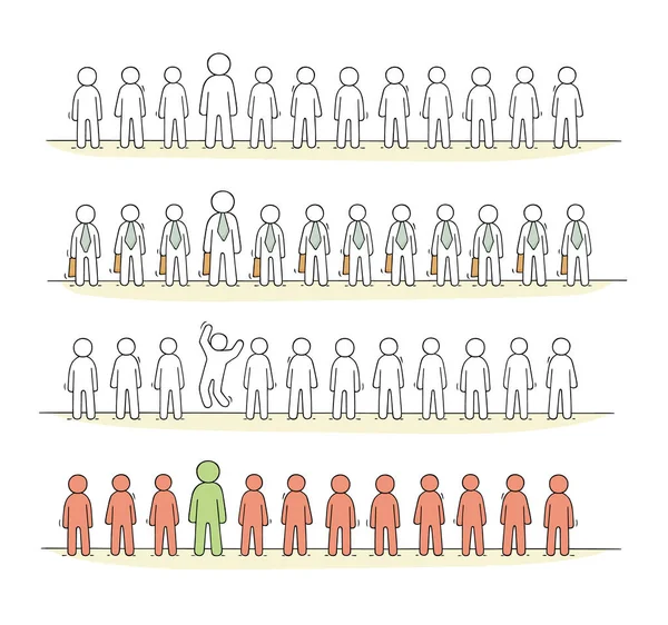 Cartoon Arbeitende Kleine Leute Stehen Einer Reihe Gekritzelte Niedliche Miniaturszene — Stockvektor